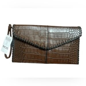 Chicos Brown Juliette Croc
Print Clutch Wristlet Flap NWT
